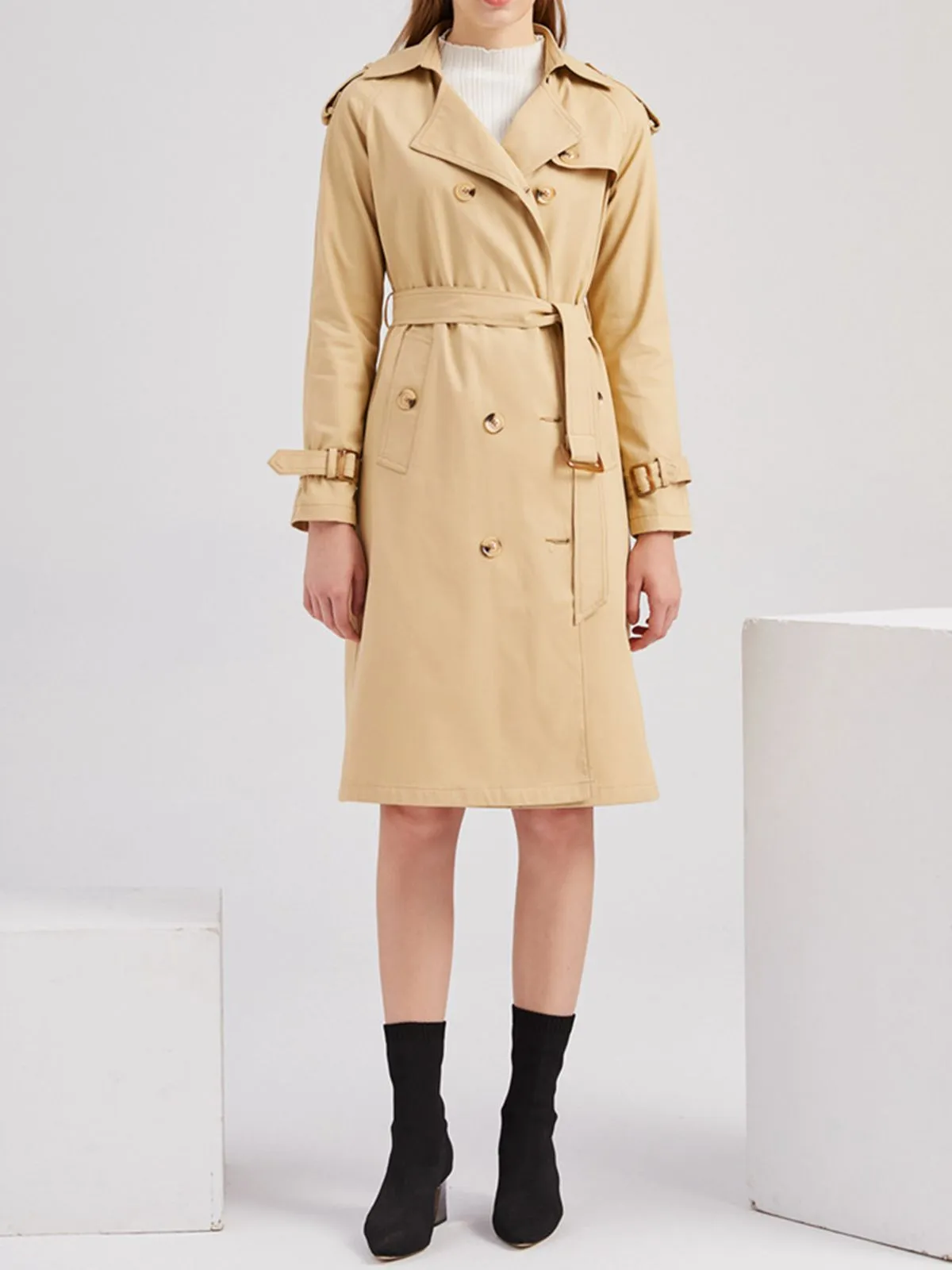 Retro Solid Button Belt Coat