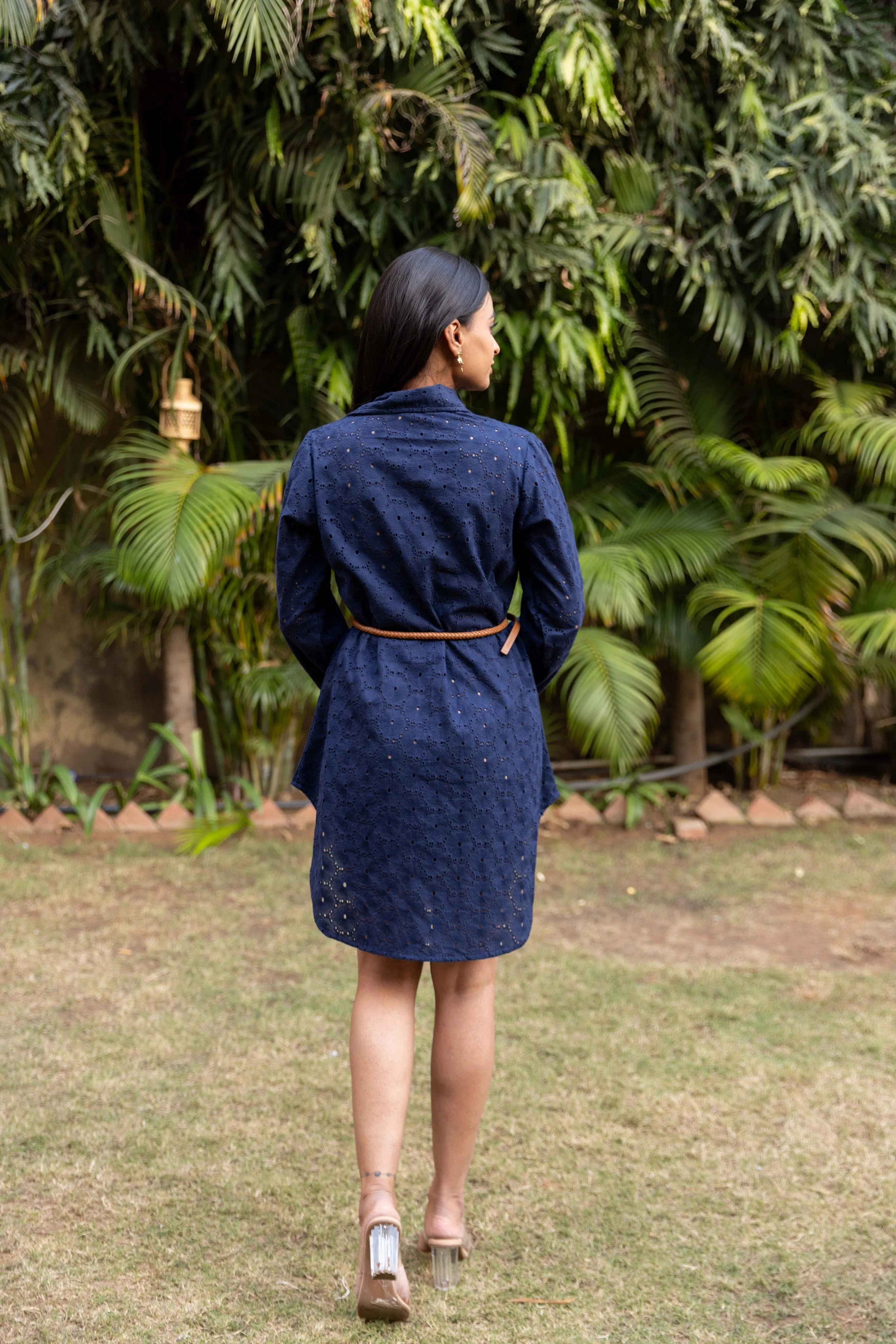 Schiffli Shirt Dress - Navy