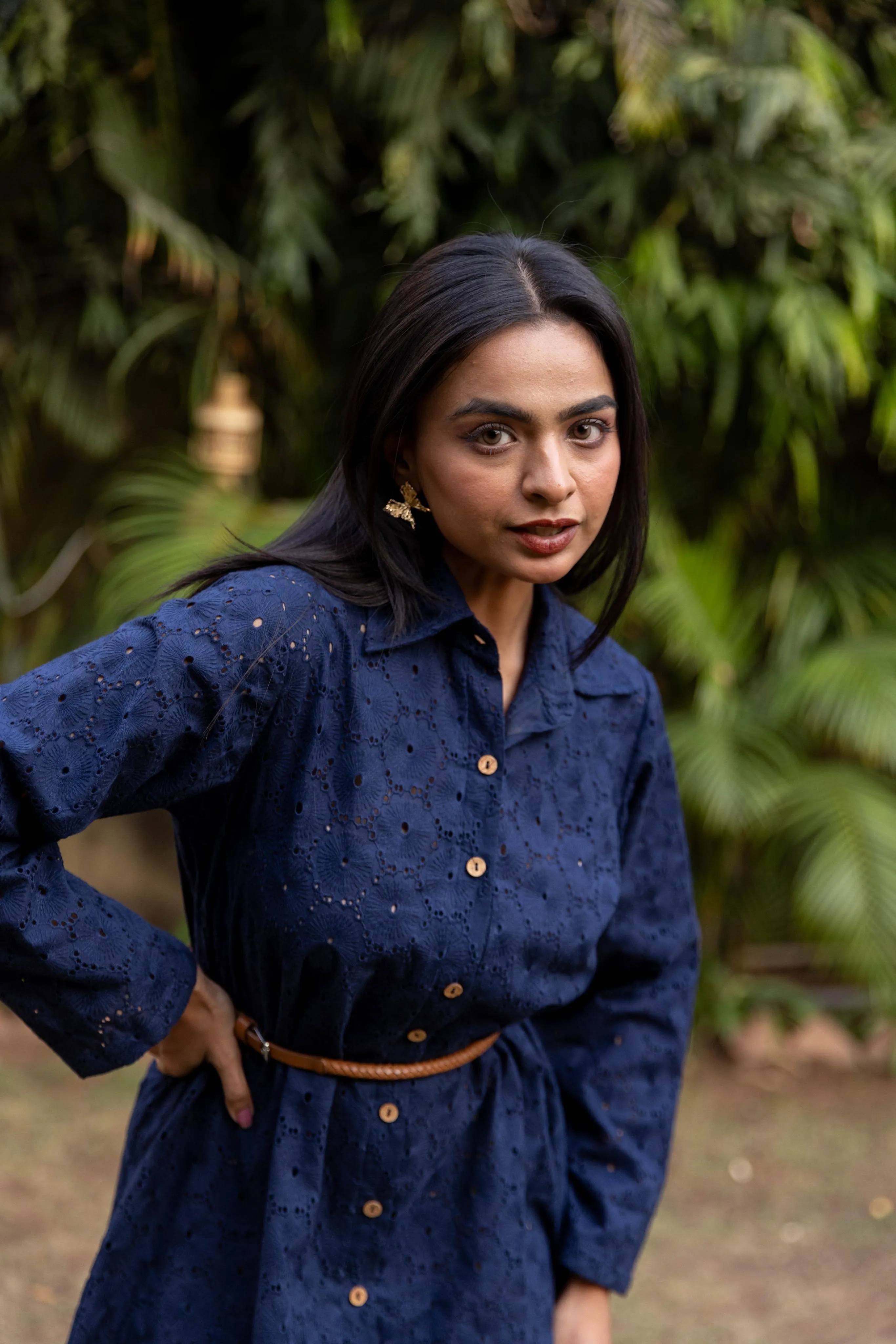 Schiffli Shirt Dress - Navy