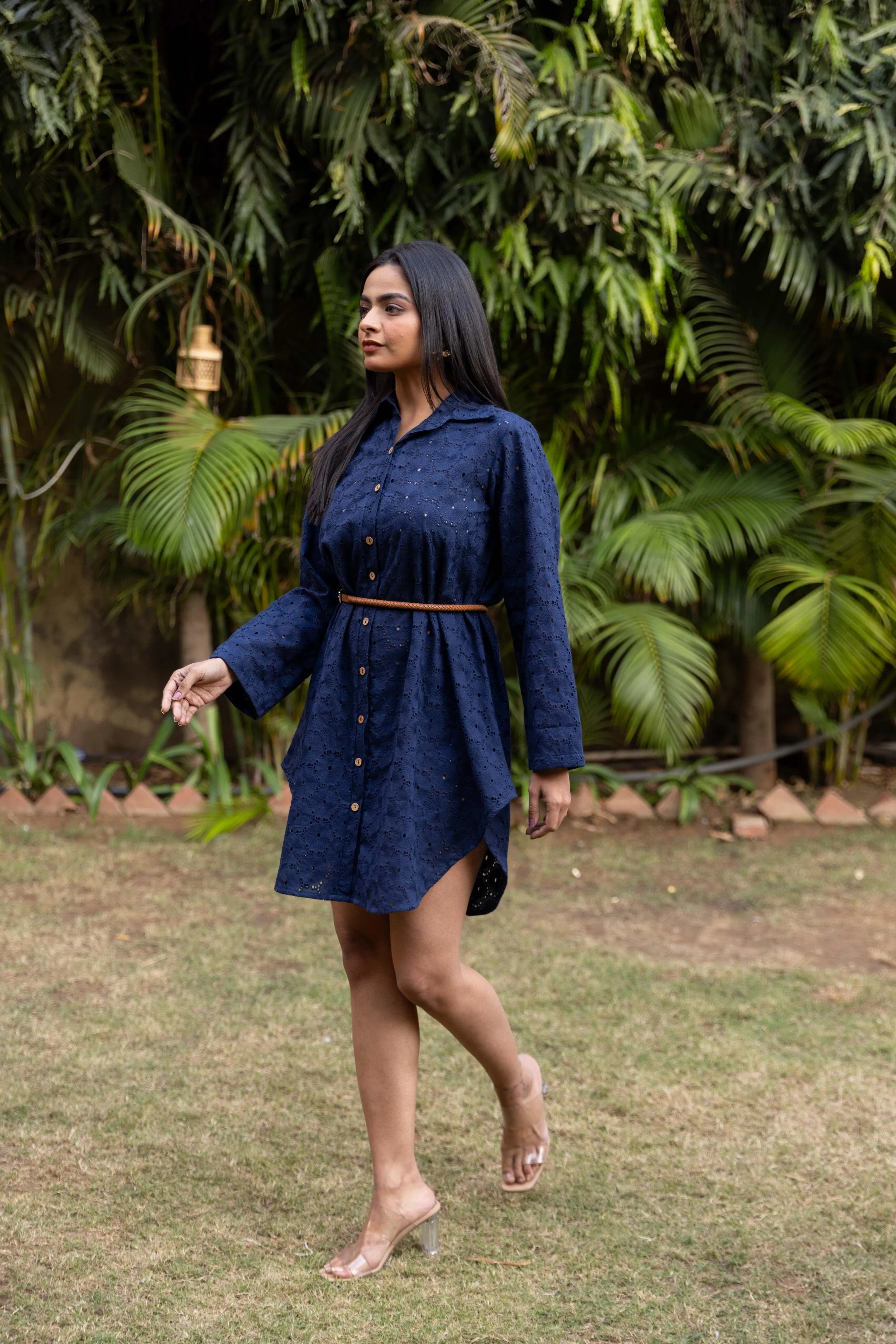 Schiffli Shirt Dress - Navy