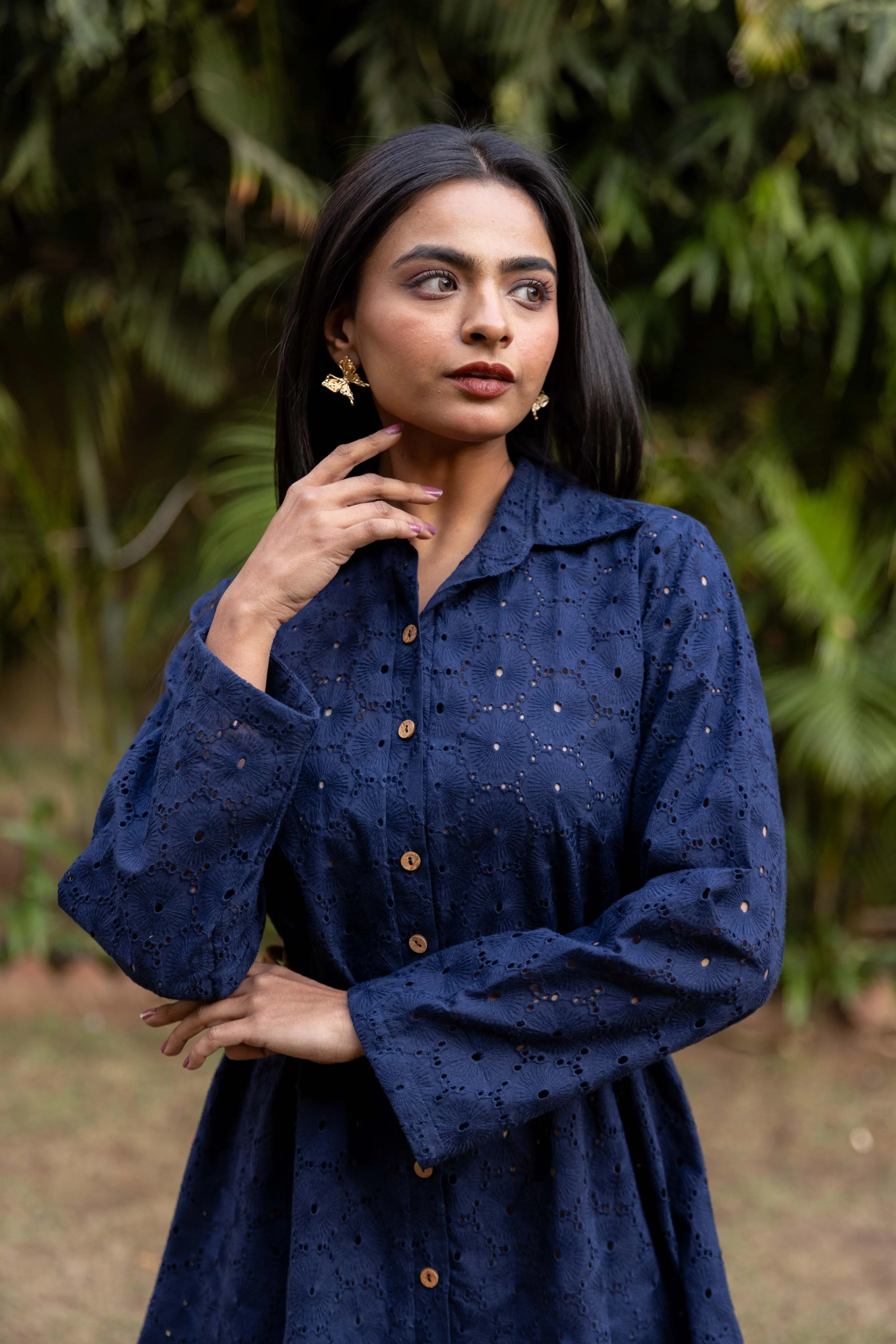 Schiffli Shirt Dress - Navy