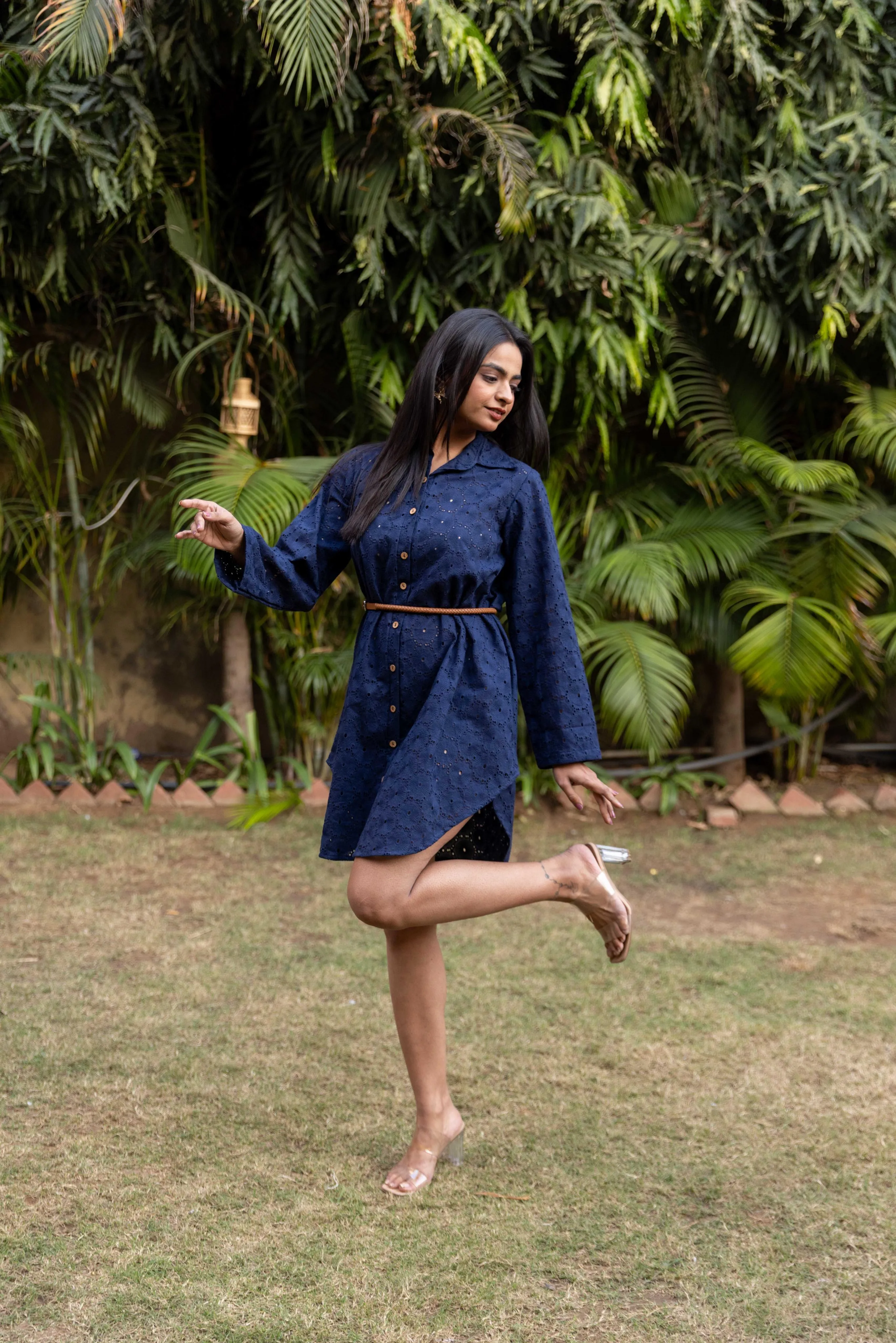 Schiffli Shirt Dress - Navy
