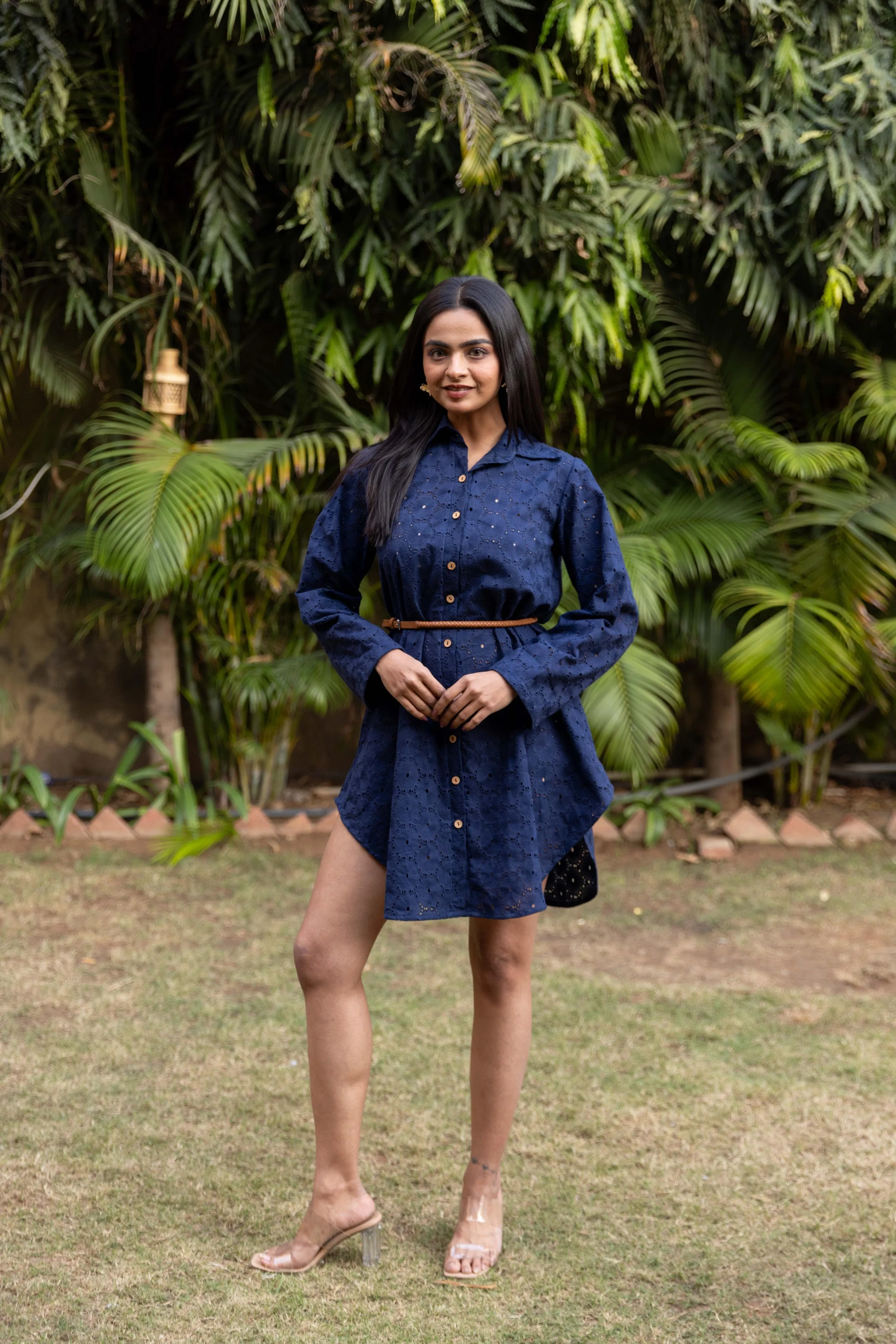 Schiffli Shirt Dress - Navy