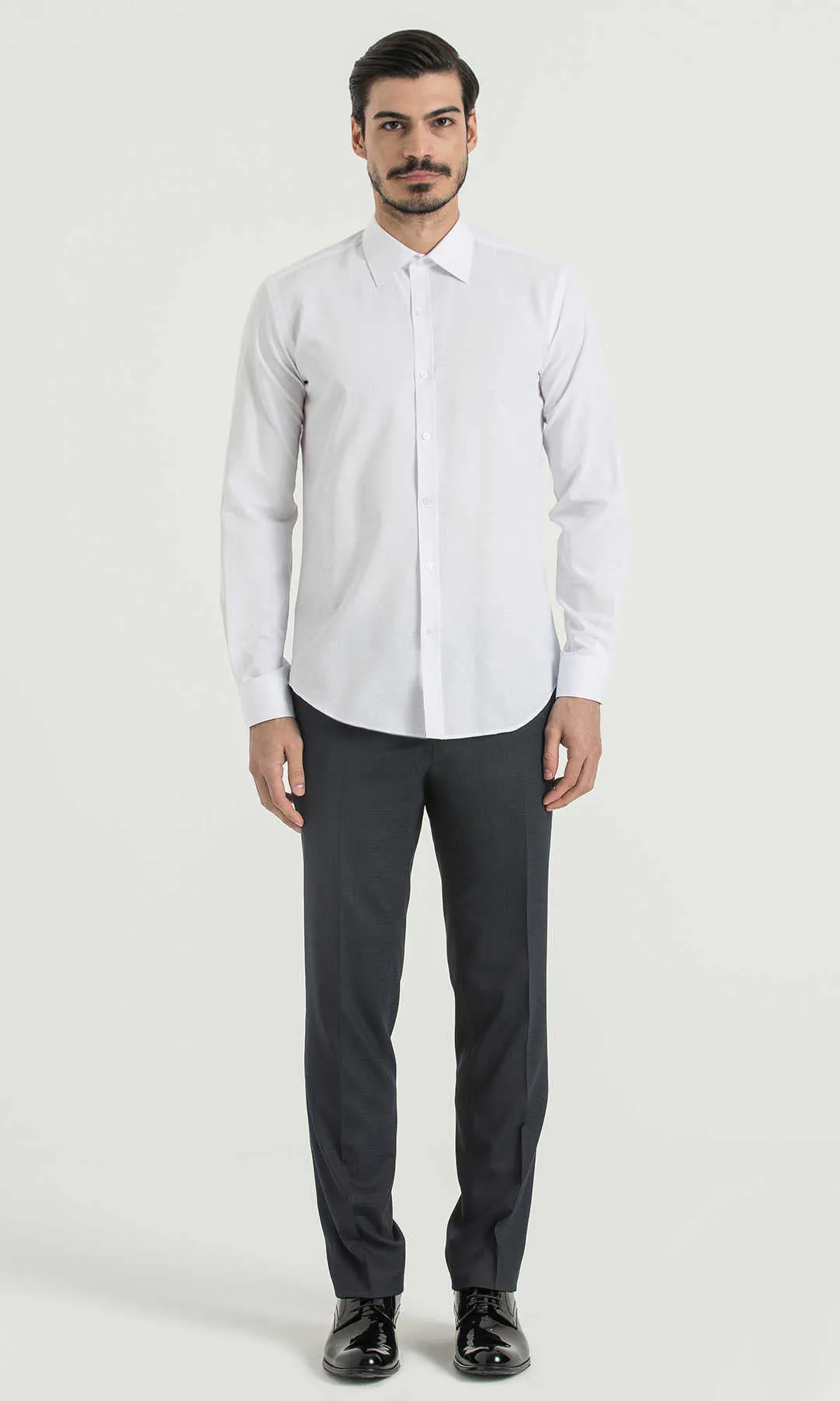 Slim Fit Plain Long Sleeve Cotton Blend White Dress Shirt