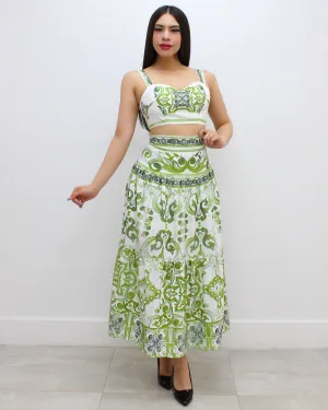Sophisticated Lady Printed 2 Piece Skirt Set Green