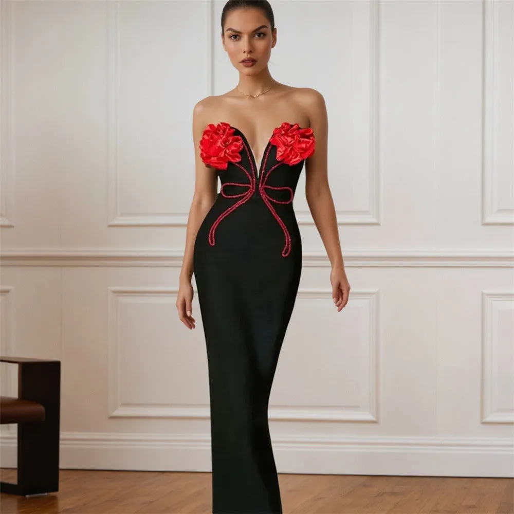 Strapless Floral Rhinestone Tube Bandage One Piece Dress Party Cocktail Elegant Maxi Dress