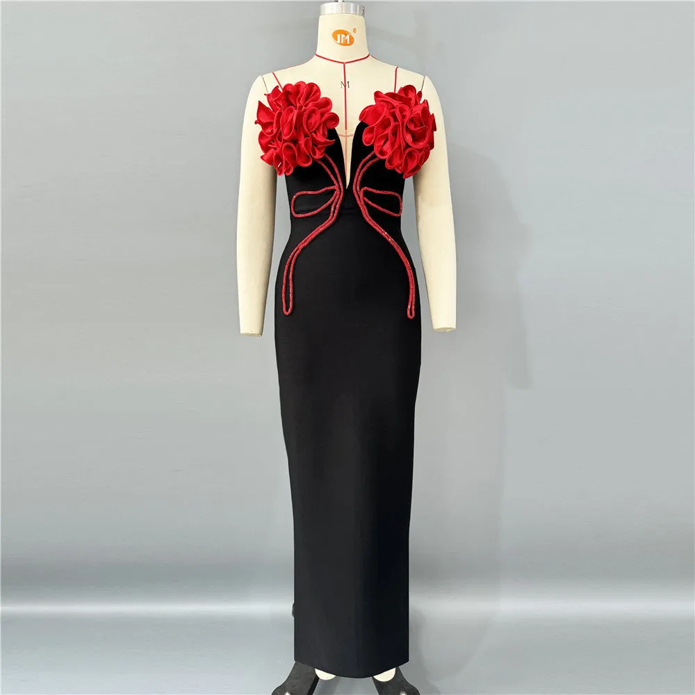 Strapless Floral Rhinestone Tube Bandage One Piece Dress Party Cocktail Elegant Maxi Dress