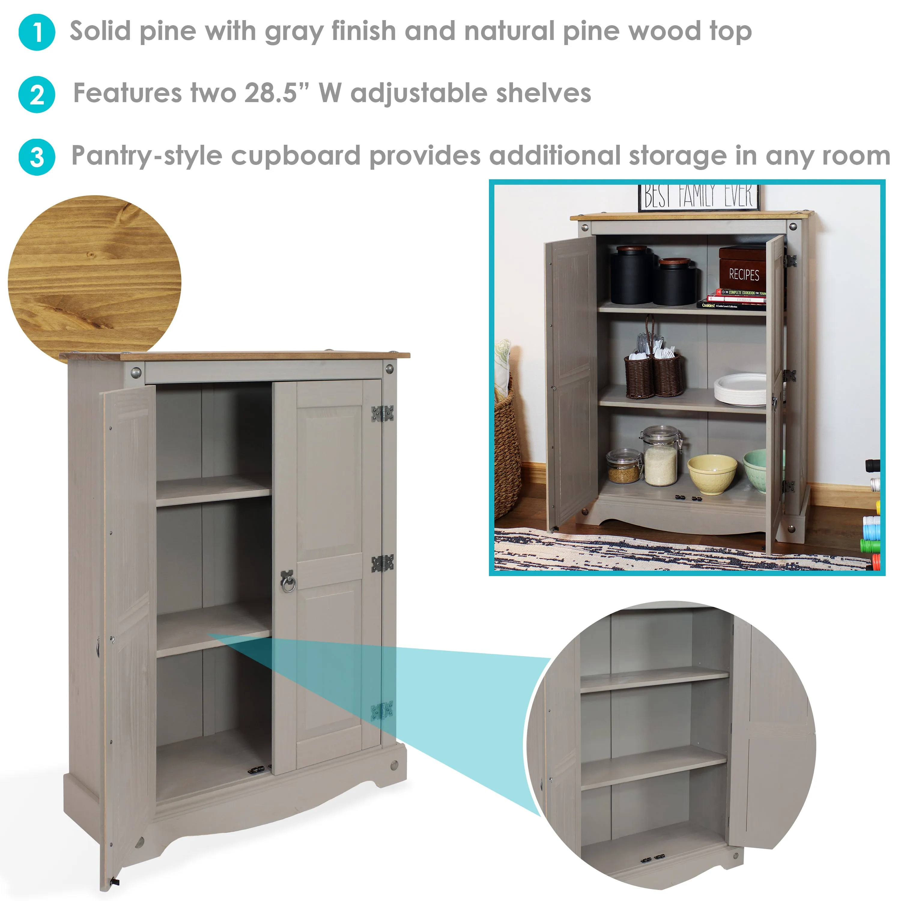 Sunnydaze 2-Door, 2-Shelf Solid Pine Storage Cupboard - Gray - 43" H