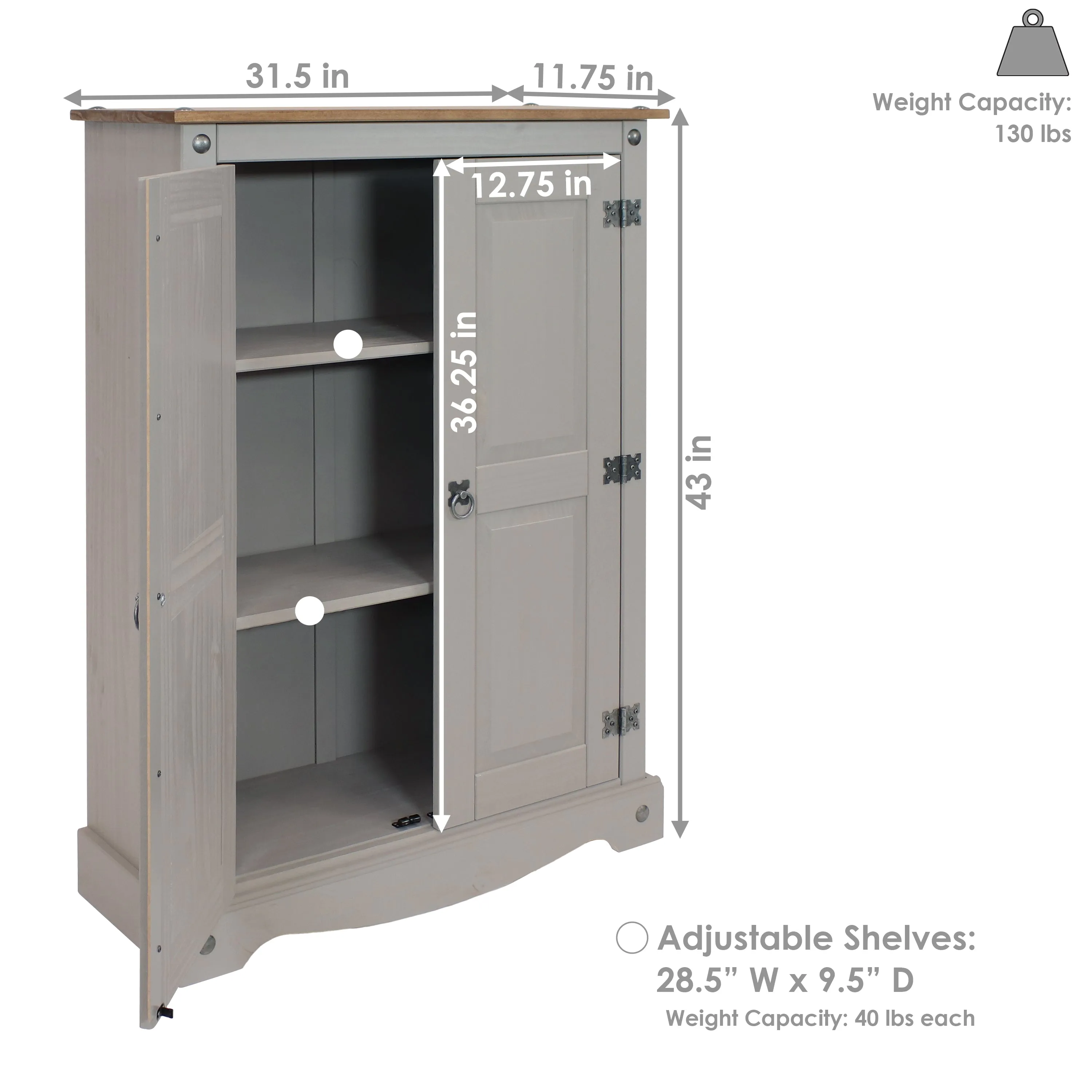 Sunnydaze 2-Door, 2-Shelf Solid Pine Storage Cupboard - Gray - 43" H