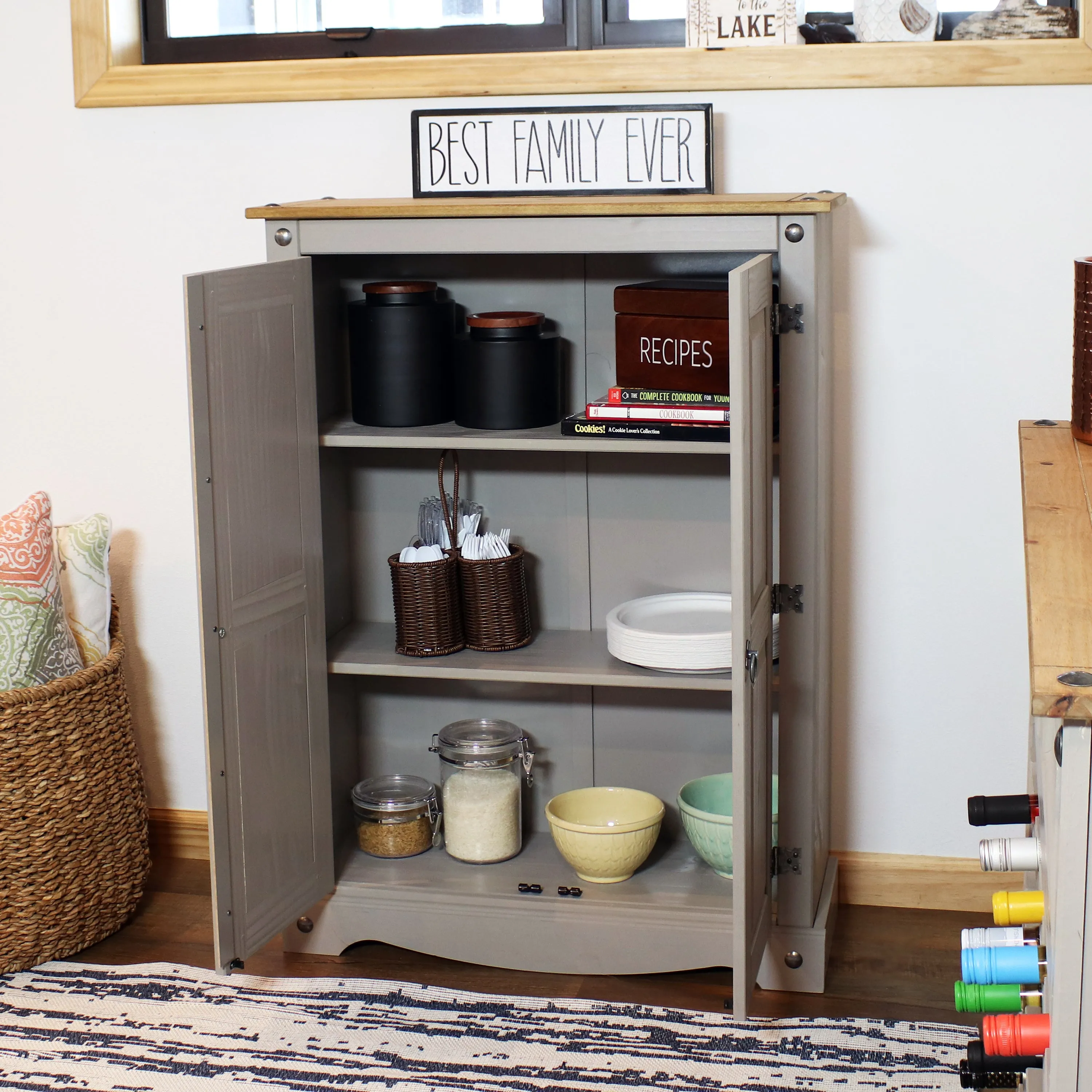 Sunnydaze 2-Door, 2-Shelf Solid Pine Storage Cupboard - Gray - 43" H