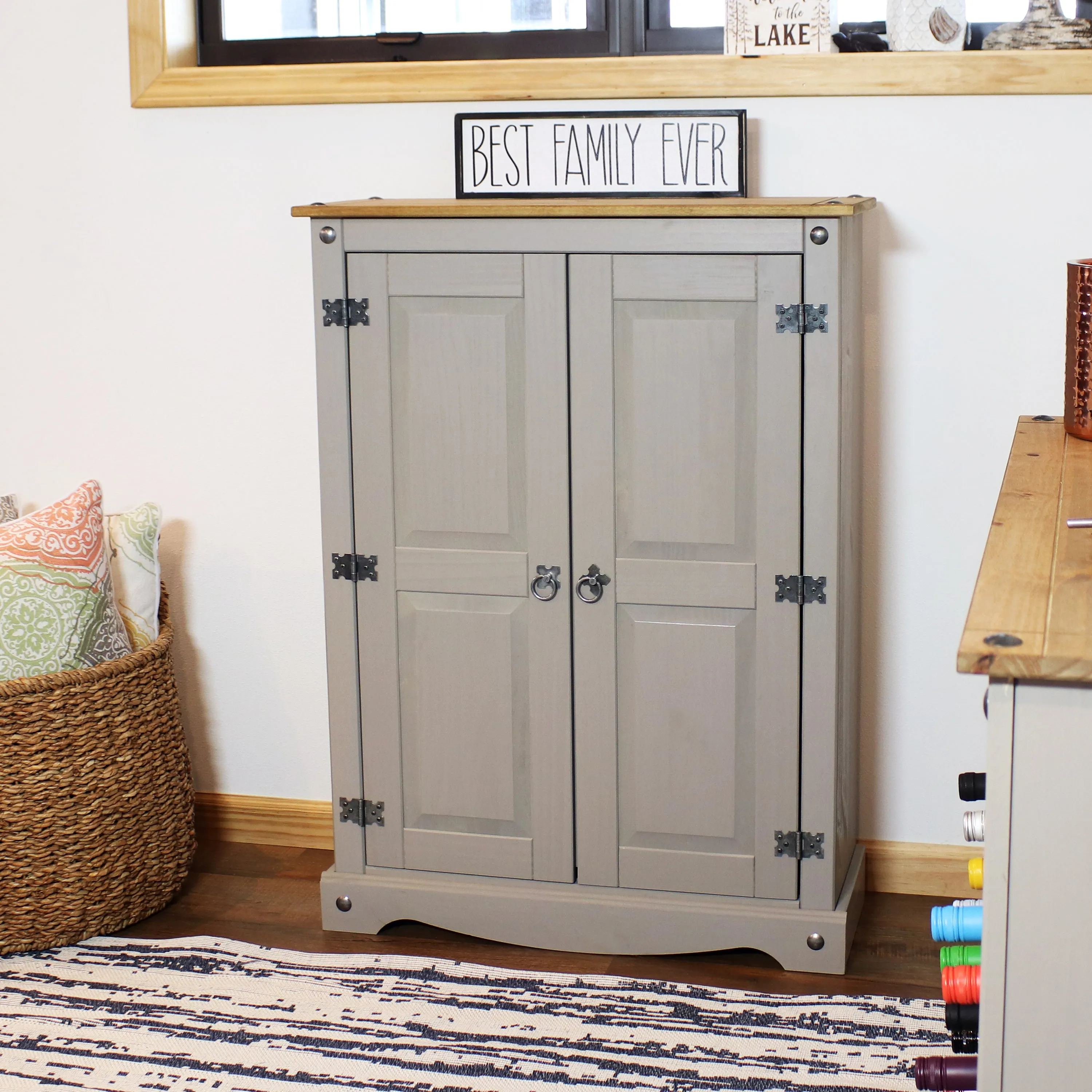 Sunnydaze 2-Door, 2-Shelf Solid Pine Storage Cupboard - Gray - 43" H
