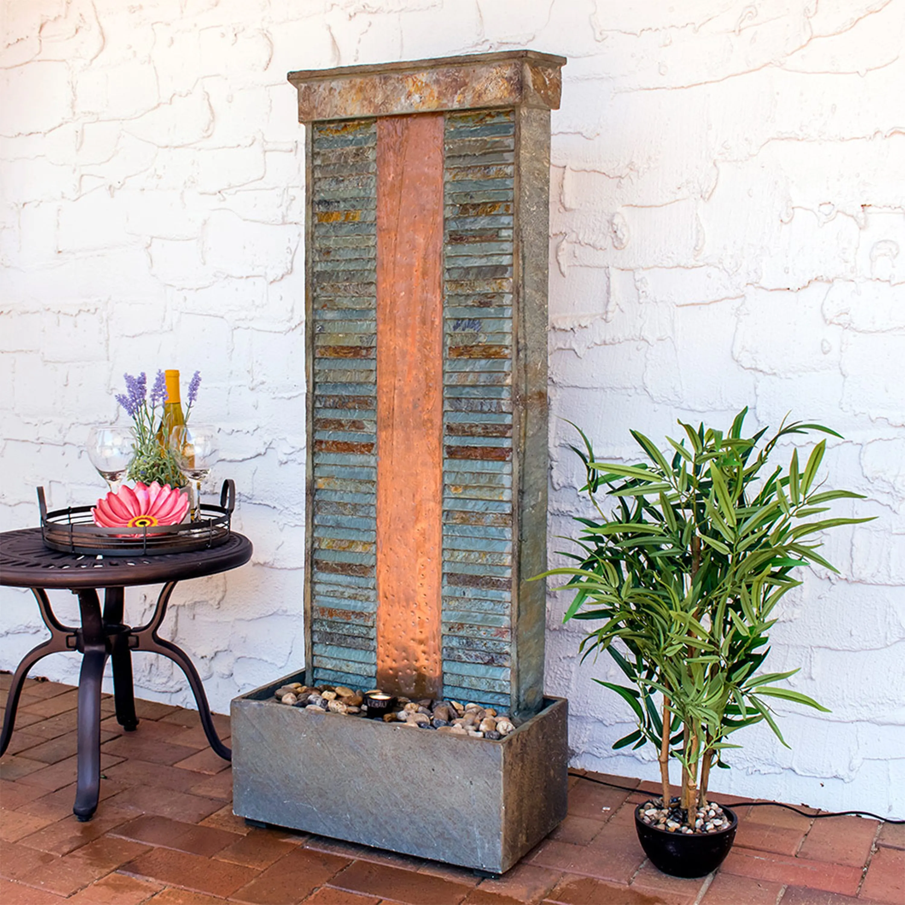 Sunnydaze Rippled Slate Water Fountain with LED Lights - 48"