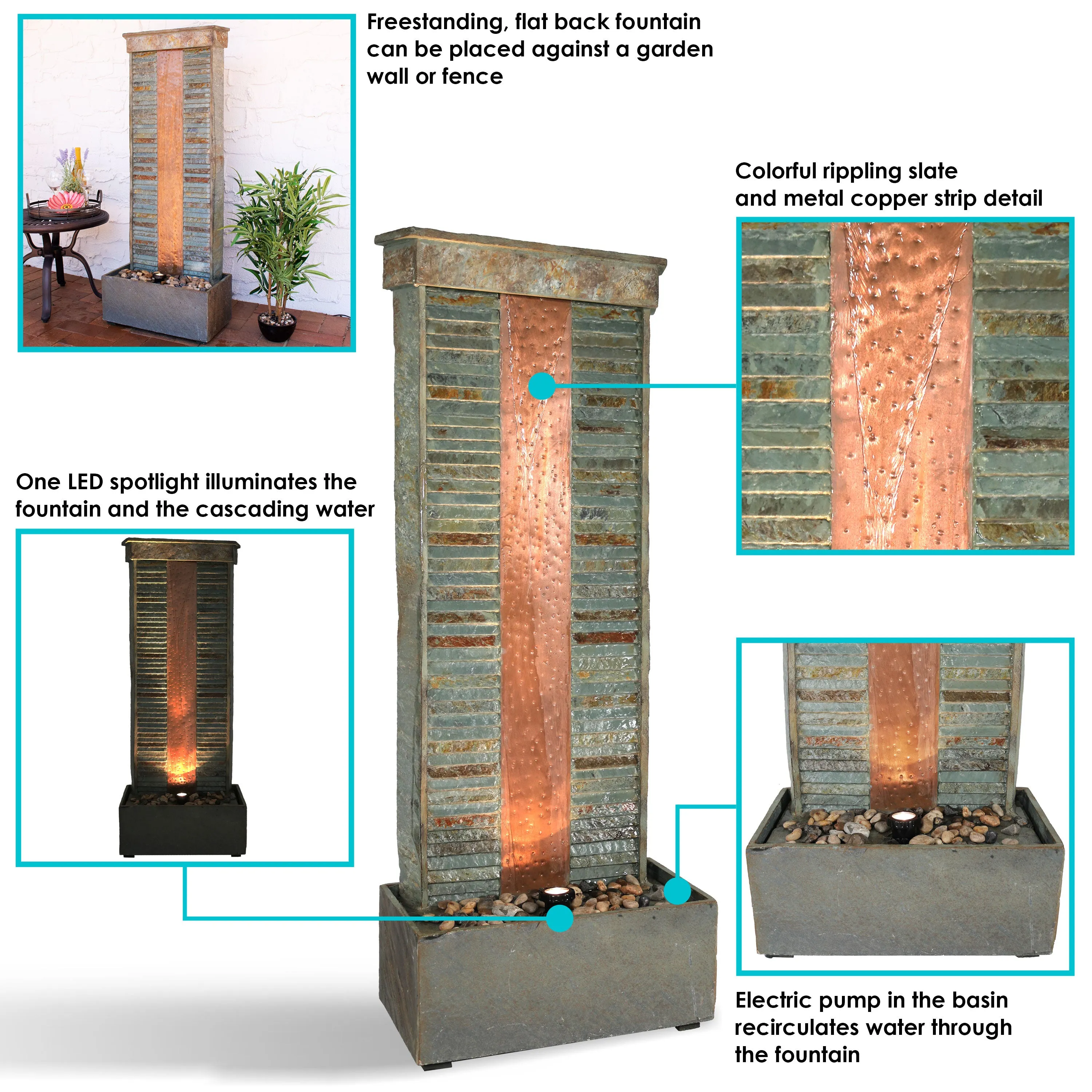 Sunnydaze Rippled Slate Water Fountain with LED Lights - 48"