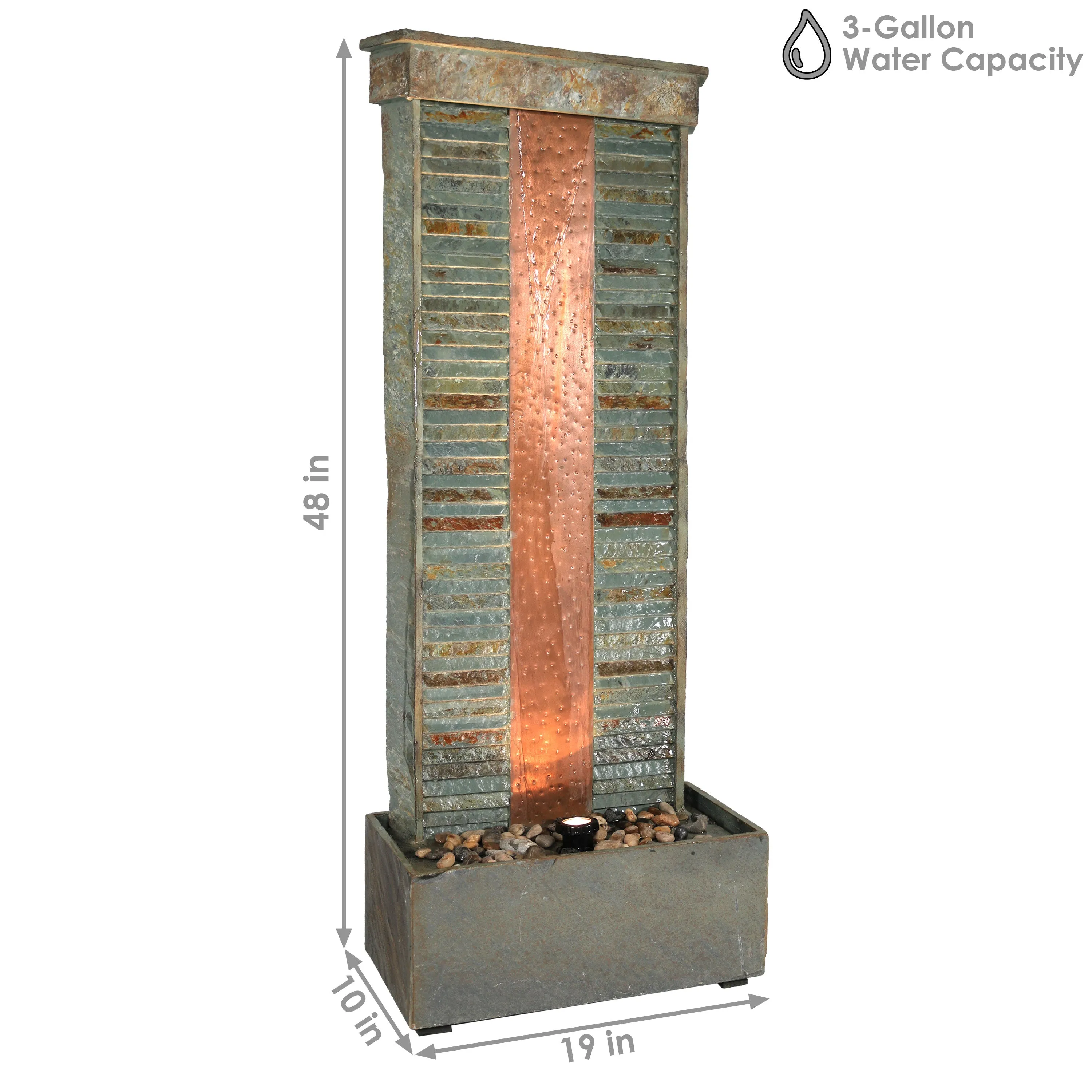 Sunnydaze Rippled Slate Water Fountain with LED Lights - 48"
