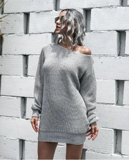 TastyHottie - Leisure Off-the-Shoulder Lantern Sleeve Knitted Sweater Skirt