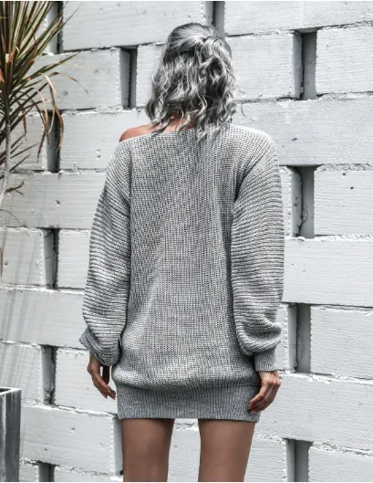 TastyHottie - Leisure Off-the-Shoulder Lantern Sleeve Knitted Sweater Skirt