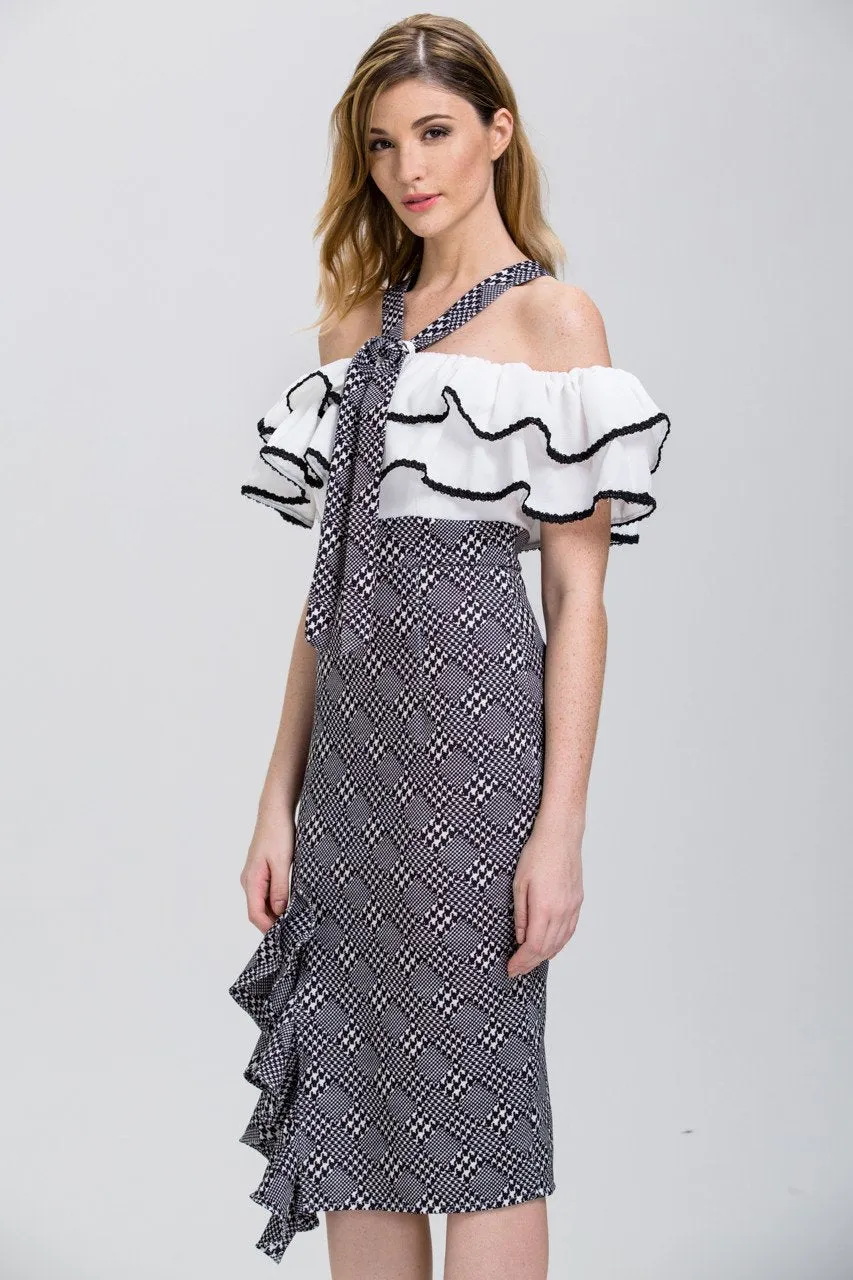 The Real Fouz - Houndstooth Ruffled Off the Shoulder Pencil Midi Dress