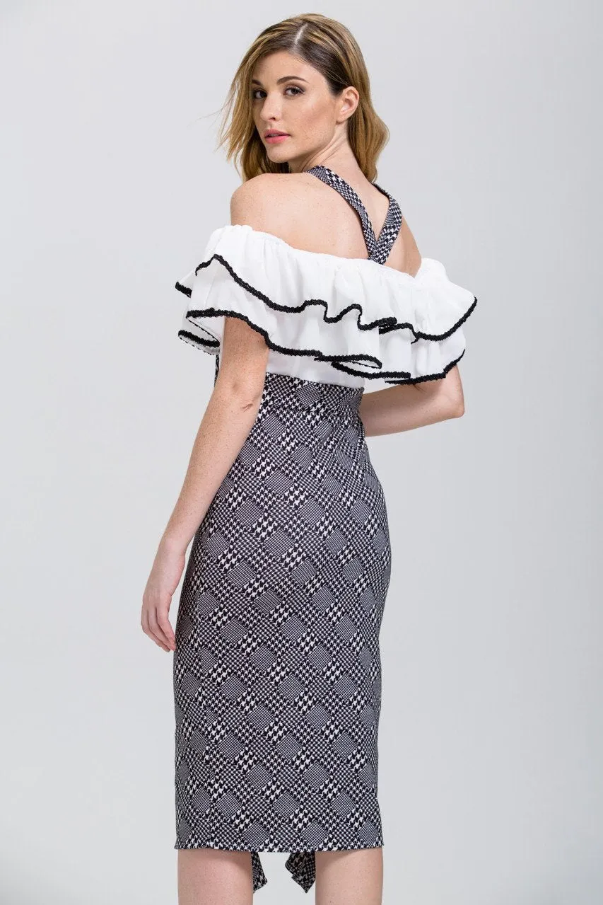 The Real Fouz - Houndstooth Ruffled Off the Shoulder Pencil Midi Dress