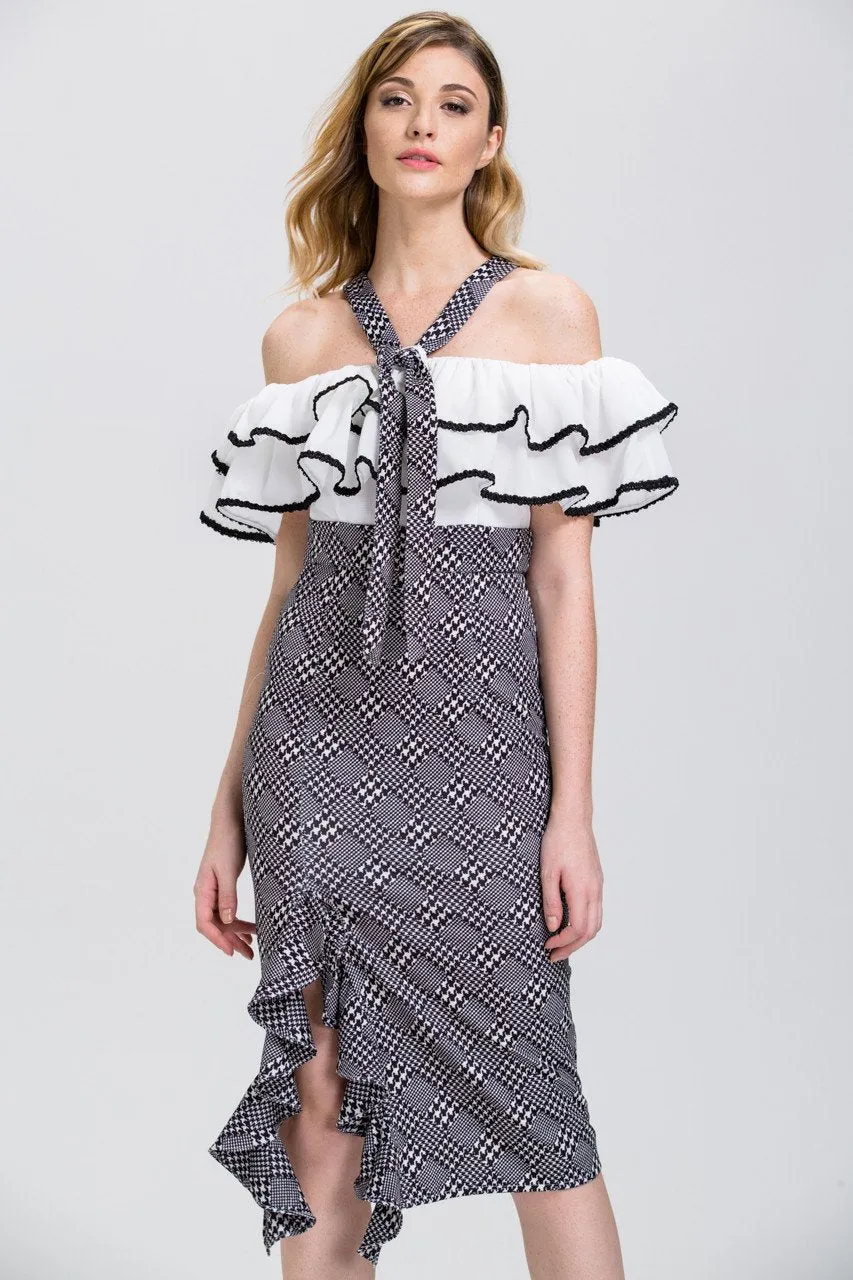 The Real Fouz - Houndstooth Ruffled Off the Shoulder Pencil Midi Dress