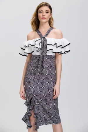 The Real Fouz - Houndstooth Ruffled Off the Shoulder Pencil Midi Dress