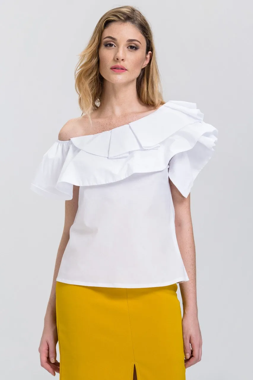 White One-Shoulder Ruffle Tiered Top
