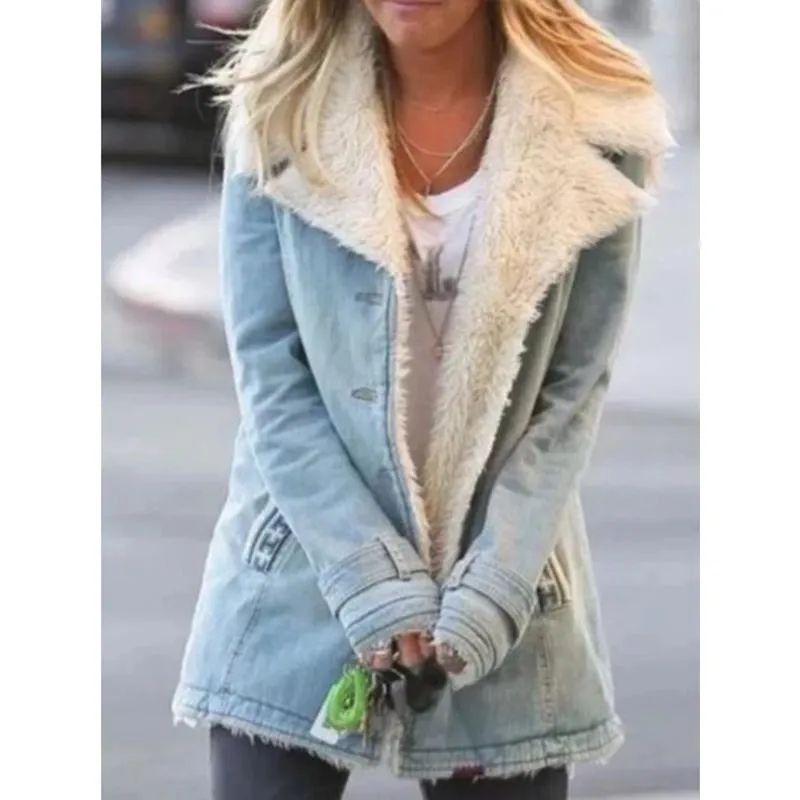 Women faux fur turn-down collar winter coat jacket