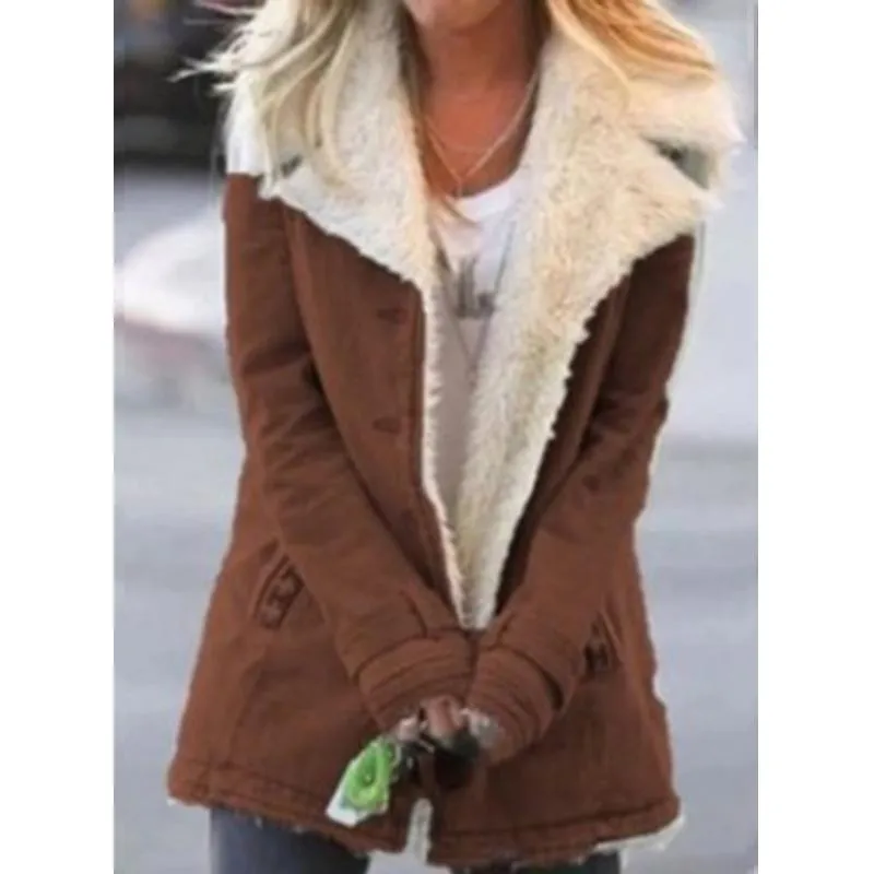 Women faux fur turn-down collar winter coat jacket