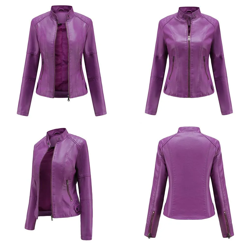 Women motorcycle standing collar long sleeve cropped coat & jacket