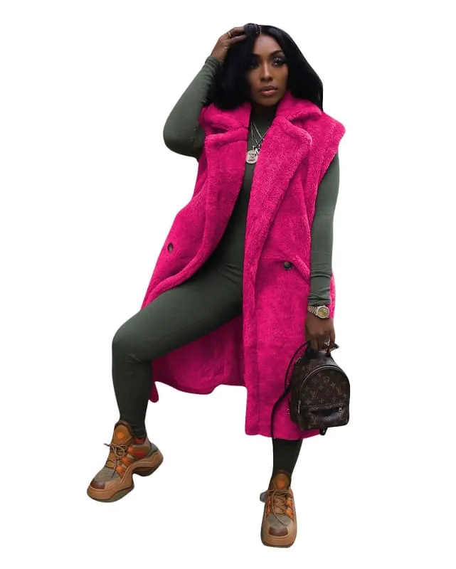 Women's Casual Plush Sleeveless Long Cardigan Jacket for Effortless Style