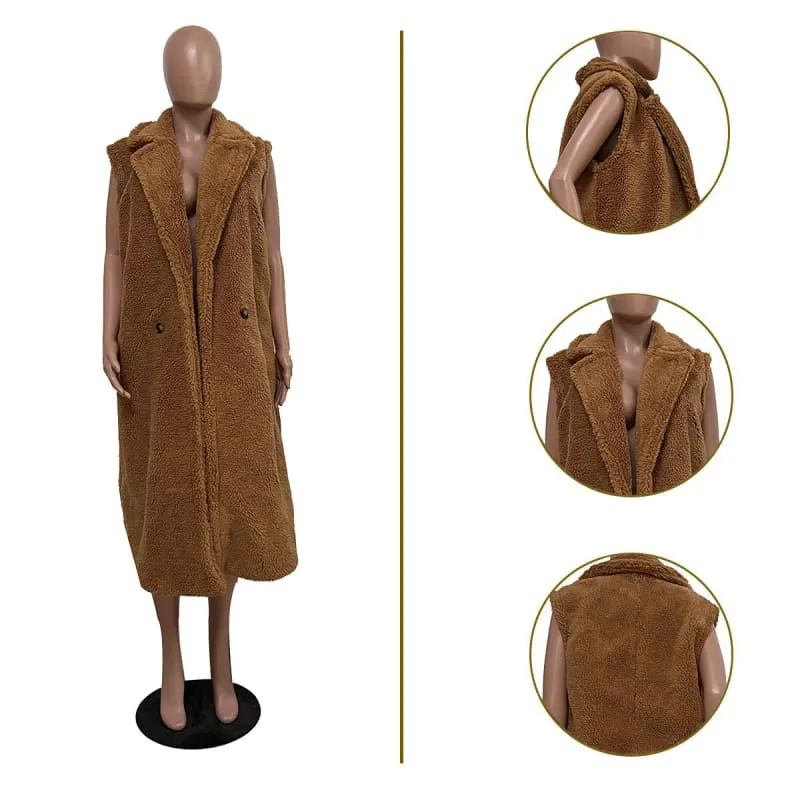 Women's Casual Plush Sleeveless Long Cardigan Jacket for Effortless Style