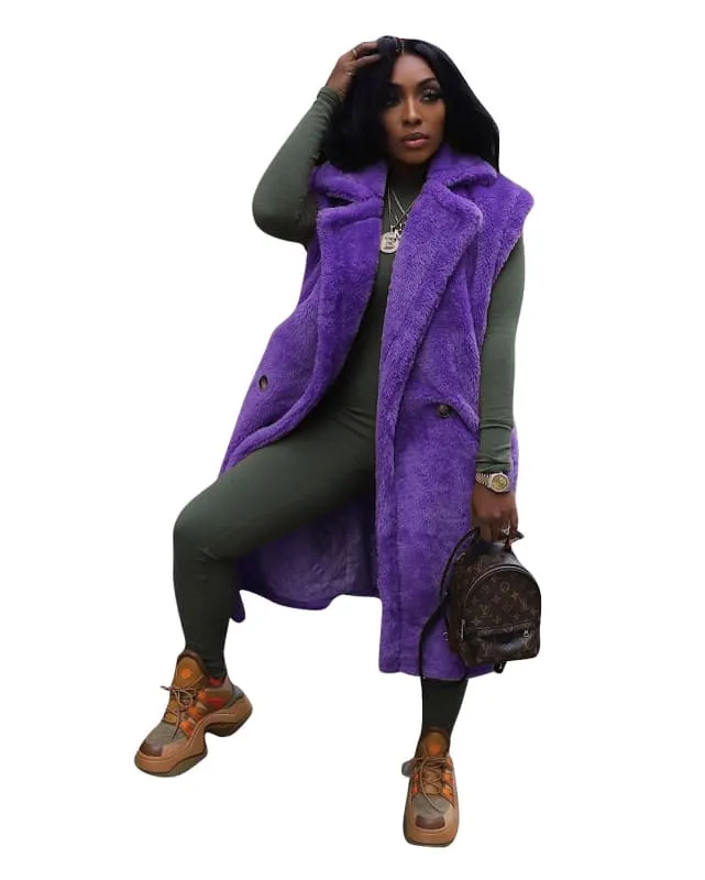 Women's Casual Plush Sleeveless Long Cardigan Jacket for Effortless Style