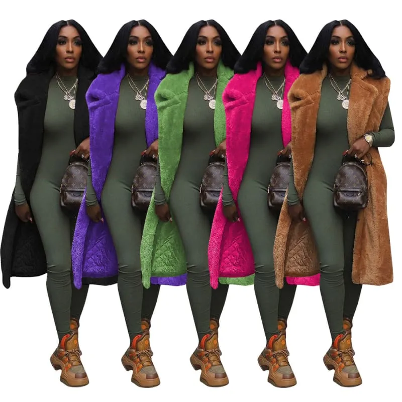 Women's Casual Plush Sleeveless Long Cardigan Jacket for Effortless Style
