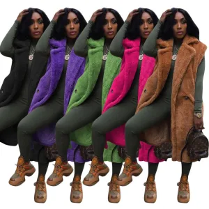 Women's Casual Plush Sleeveless Long Cardigan Jacket for Effortless Style