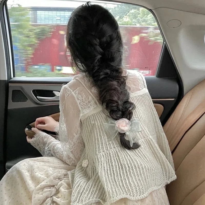 Women's Cute Floral Knitted Tank Top with Lace Shirt and Skirt
