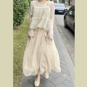 Women's Cute Floral Knitted Tank Top with Lace Shirt and Skirt