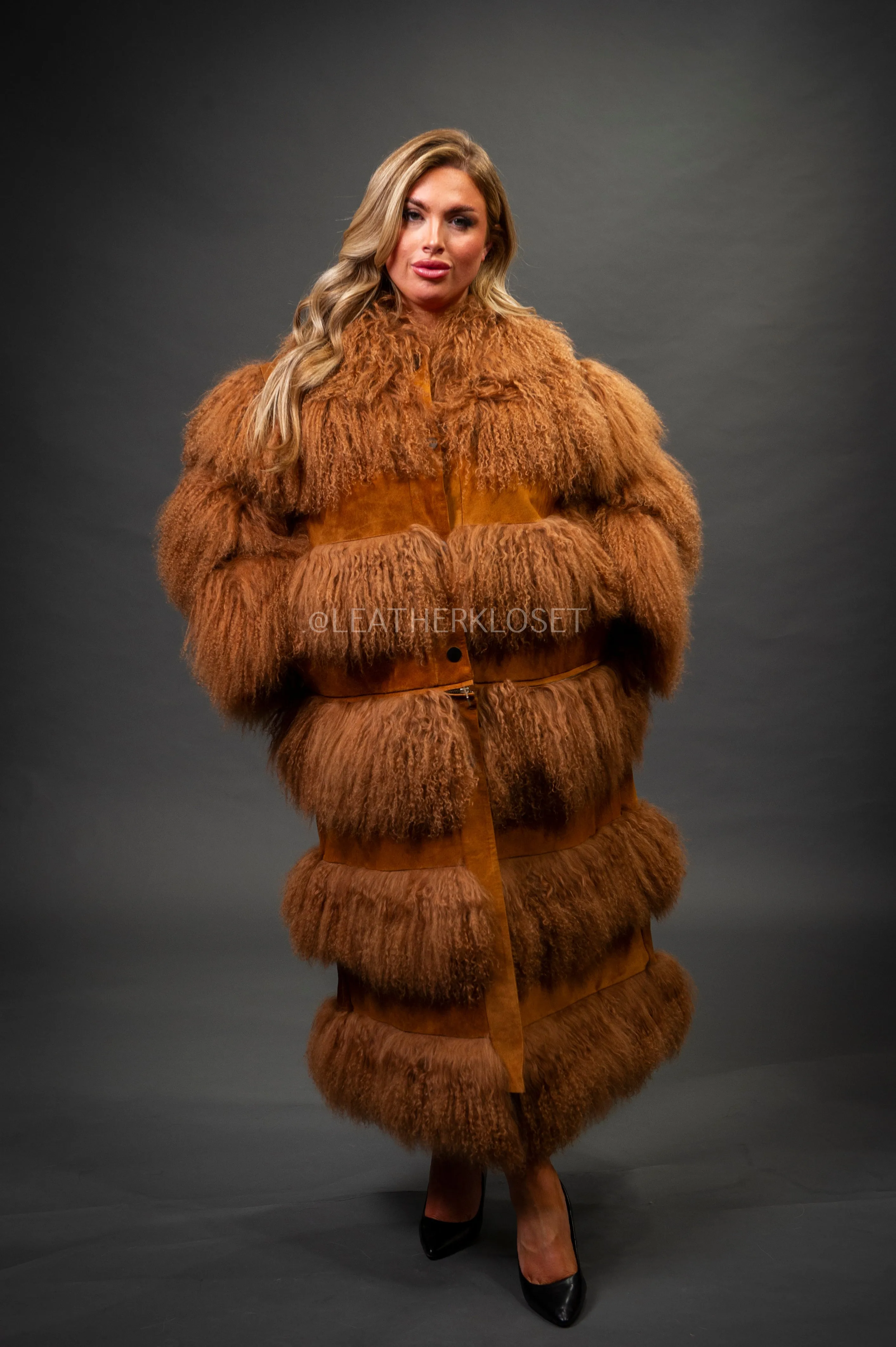 Women's Suede And Mongolian Lamb Fur Convertible Coat [Ginger]