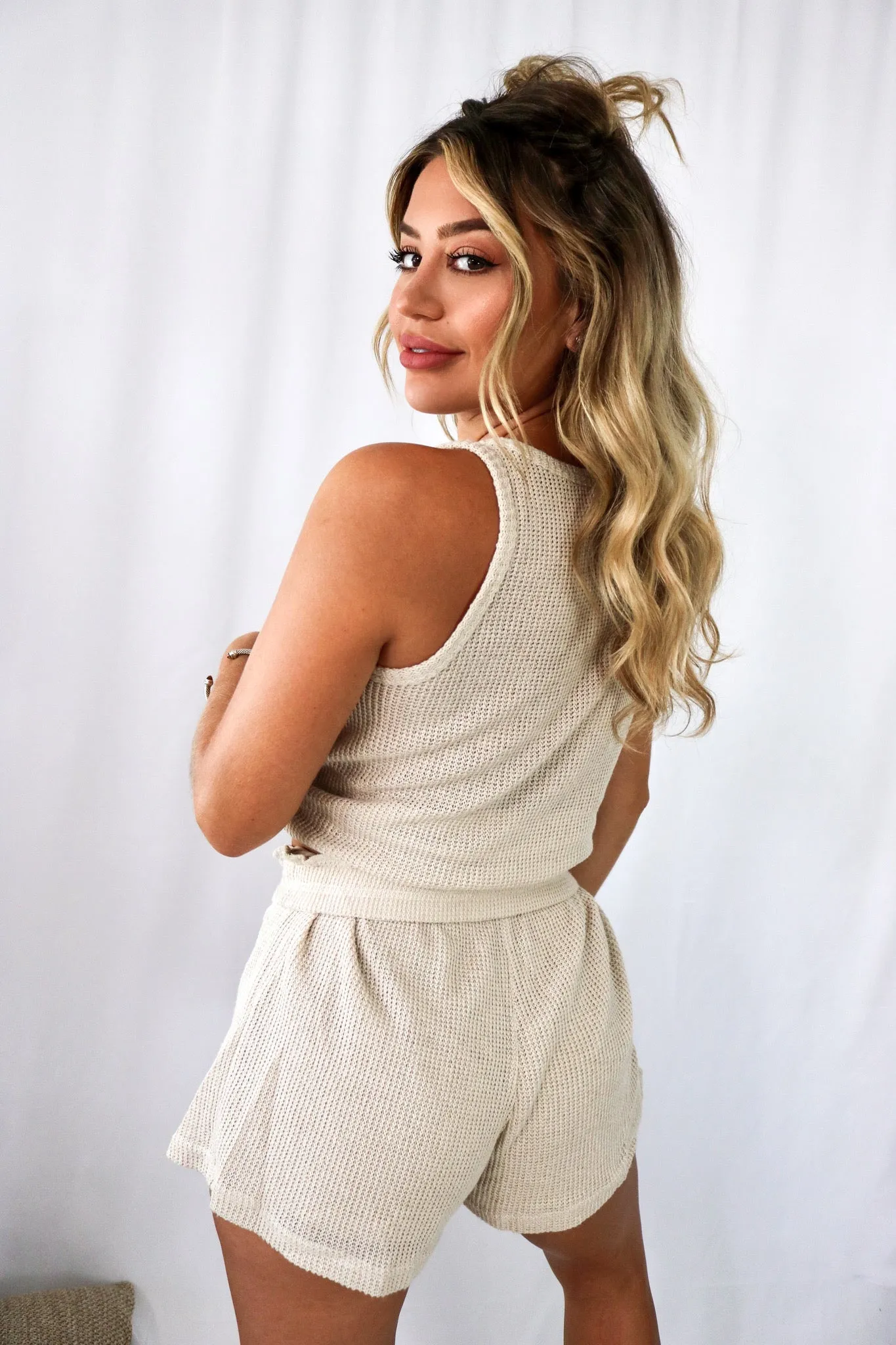 'Work From Home' Knitted Loungewear Set in Beige
