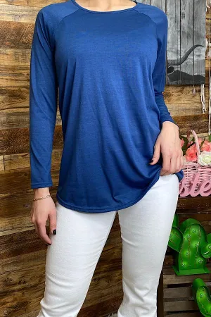 YMY4362 Solid blue long sleeve casual top